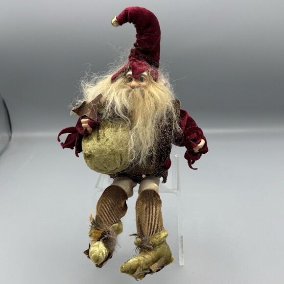 Vtg Christmas Forest Elf Troll Santa Sitting Figurine Fabric Blue Glass Eyes